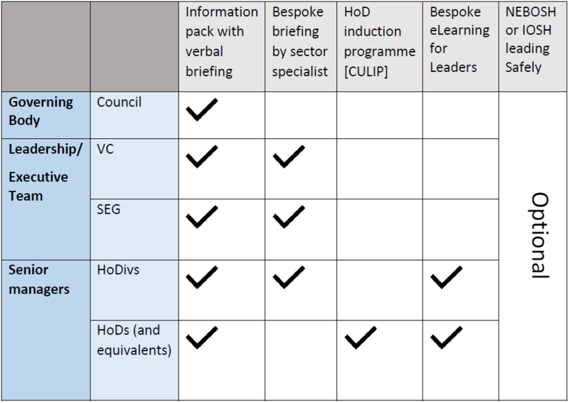 Training frameworks image Table showing the risk level/category for senior managers